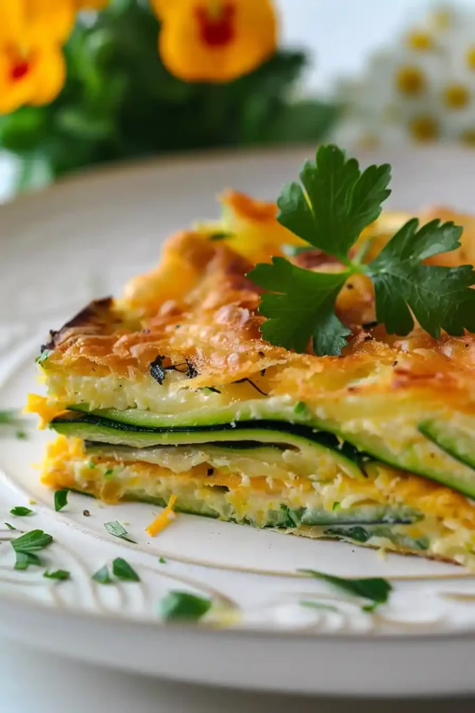Zucchini Breadwich Recipe – Crispy, Low-Carb Sandwich Alternative 7 Angled slice of zucchini breadwich with crispy golden cheese and zucchini ribbon layers, styled with pansies and parsley garnish.