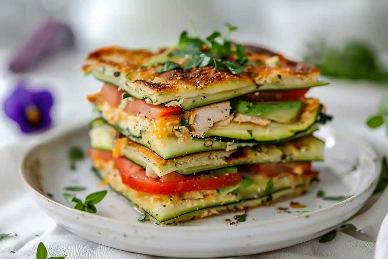 Fresh zucchini breadwich recipe layered with zucchini, tomato, and herbs between golden cheesy “bread.”