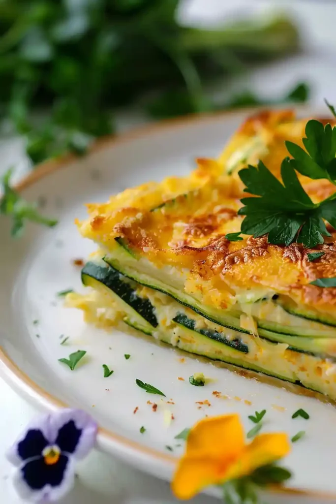 Zucchini Breadwich Recipe – Crispy, Low-Carb Sandwich Alternative 6 Close-up of zucchini breadwich recipe slice with golden crispy cheese crust, parsley garnish, and zucchini layers.