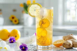 Brazilian Zepbound Recipe drink served with lemon wedges, ginger root, and flowers in natural light.