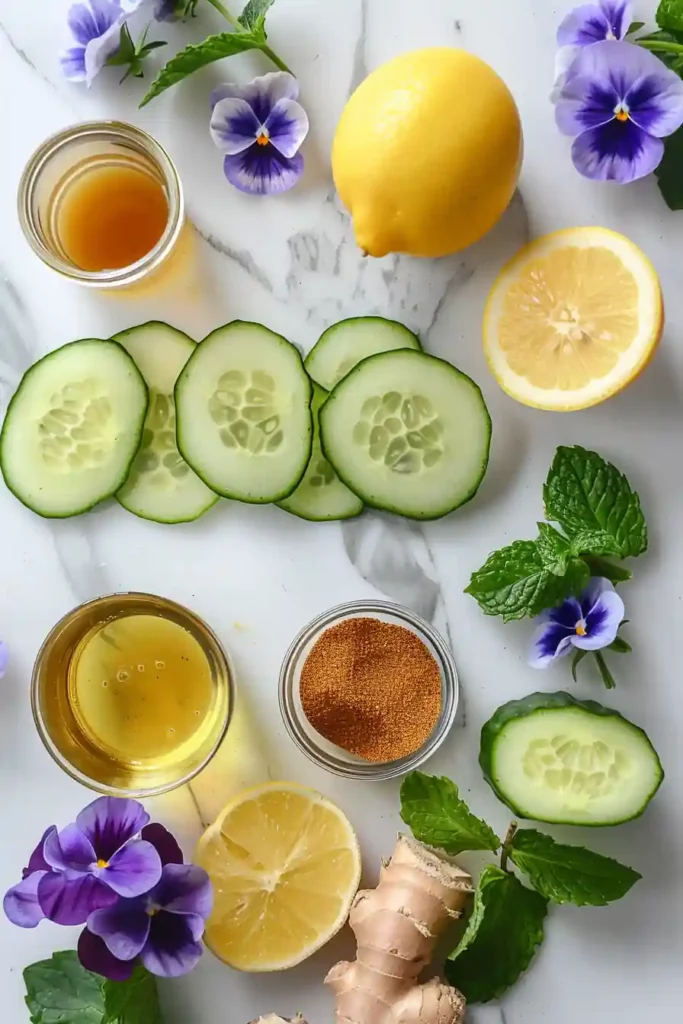 Brazilian Zepbound Recipe 6 Flat lay of Brazilian Zepbound Recipe ingredients: lemon, cucumber, ginger, cinnamon, apple cider vinegar.