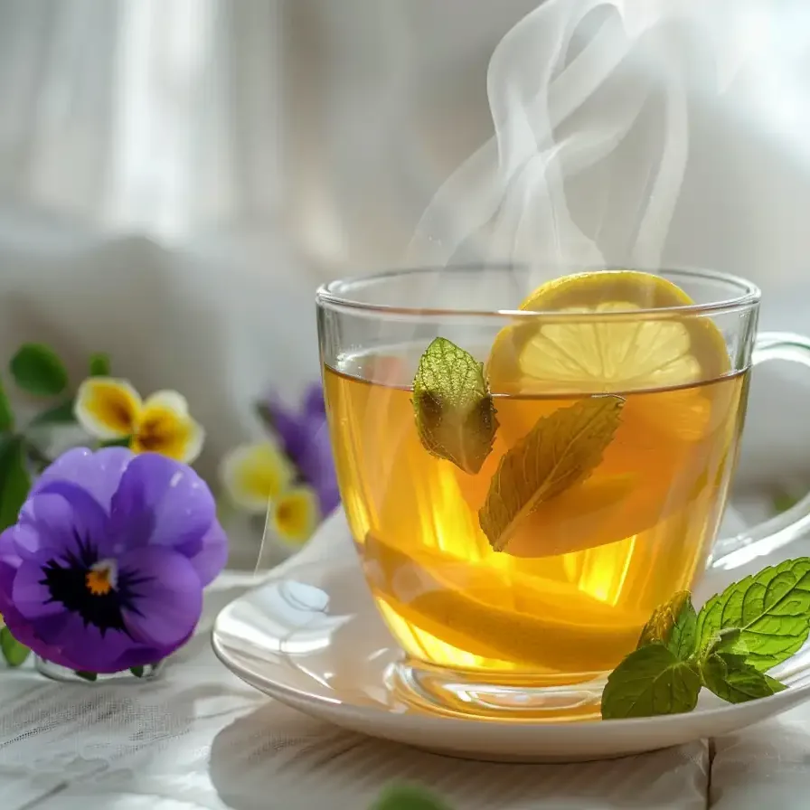 Steaming cup of mountain root for weight loss recipe tea with lemon, styled with violets on a white counter.