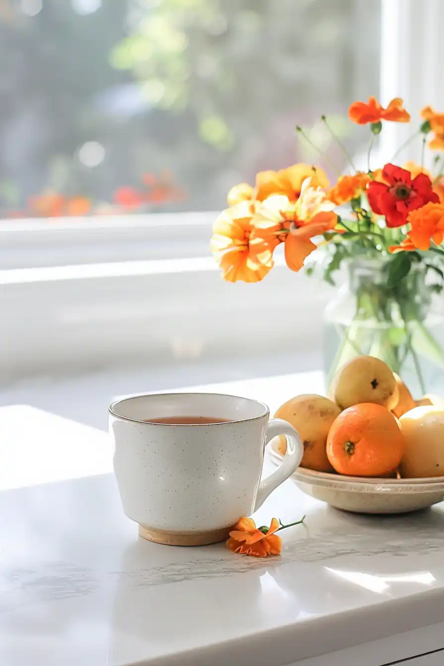 White mug of mountain root for weight loss recipe tea beside oranges and flowers on a white kitchen counter.