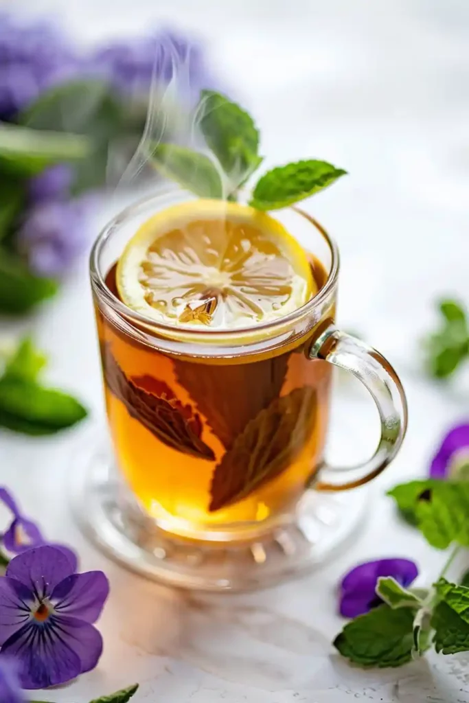 Mountain Root for Weight Loss Recipe 8 Glass mug of mountain root for weight loss recipe tea with lemon slice, mint, and violet flowers.