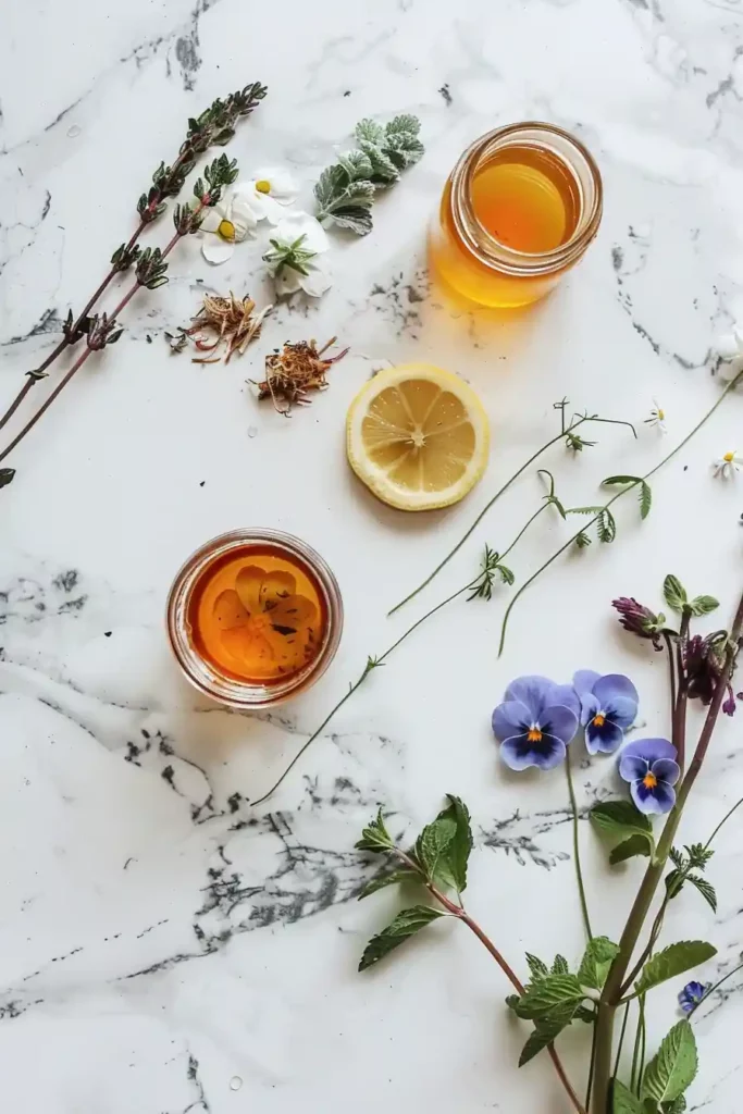 Mountain Root for Weight Loss Recipe 7 Flat lay of dried mountain root herb for weight loss with lemon, honey, and flowers on white marble.