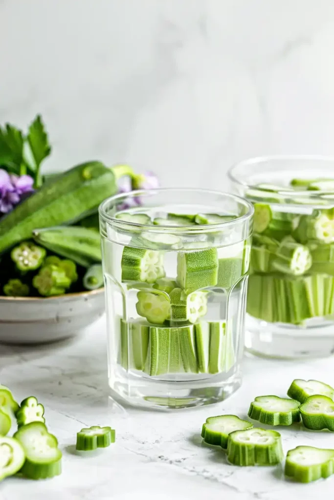 Okra Water Recipe 7 Okra water recipe served in a clear glass with chopped okra pieces.