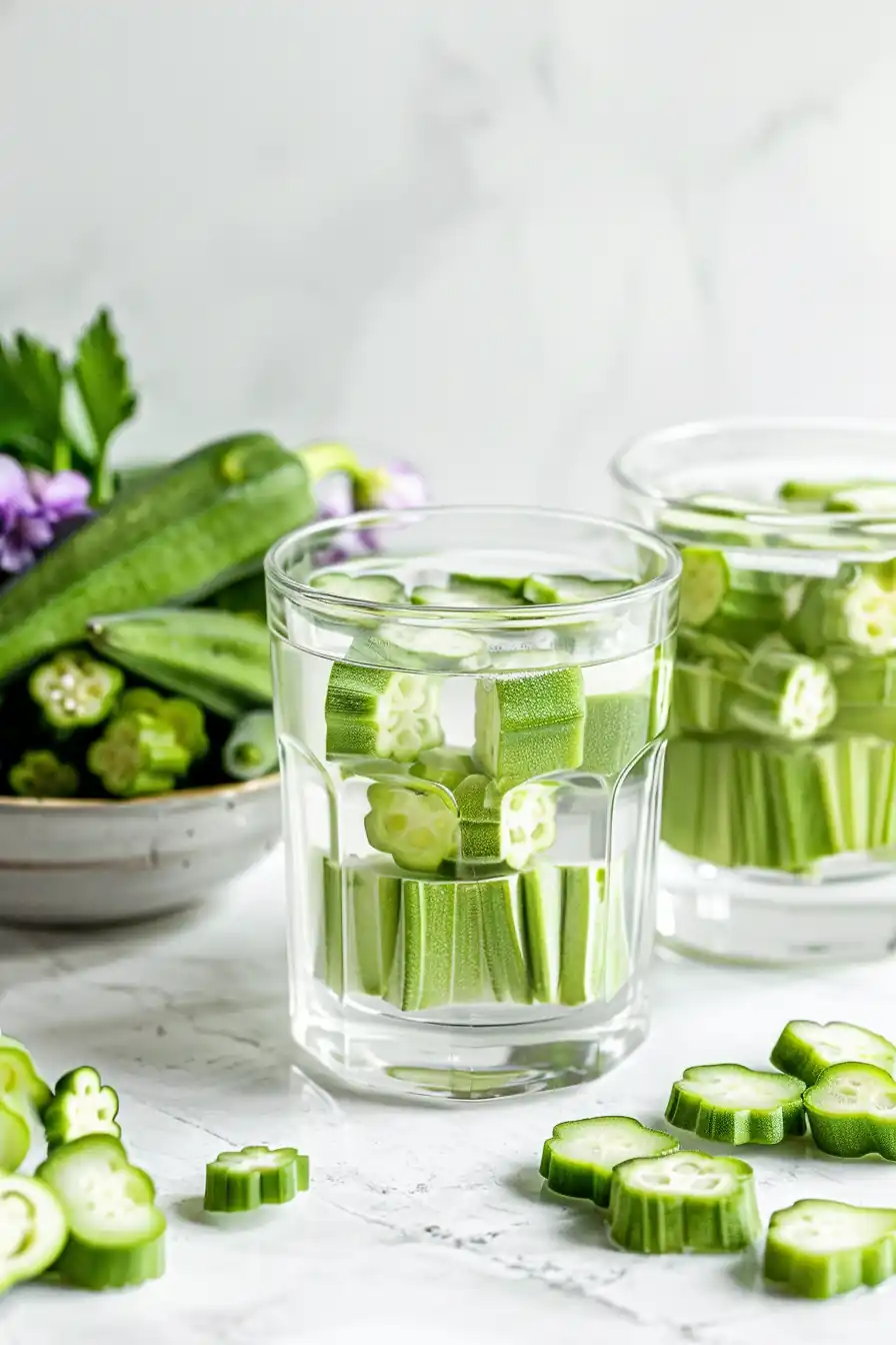 Okra water recipe served in a clear glass with chopped okra pieces.