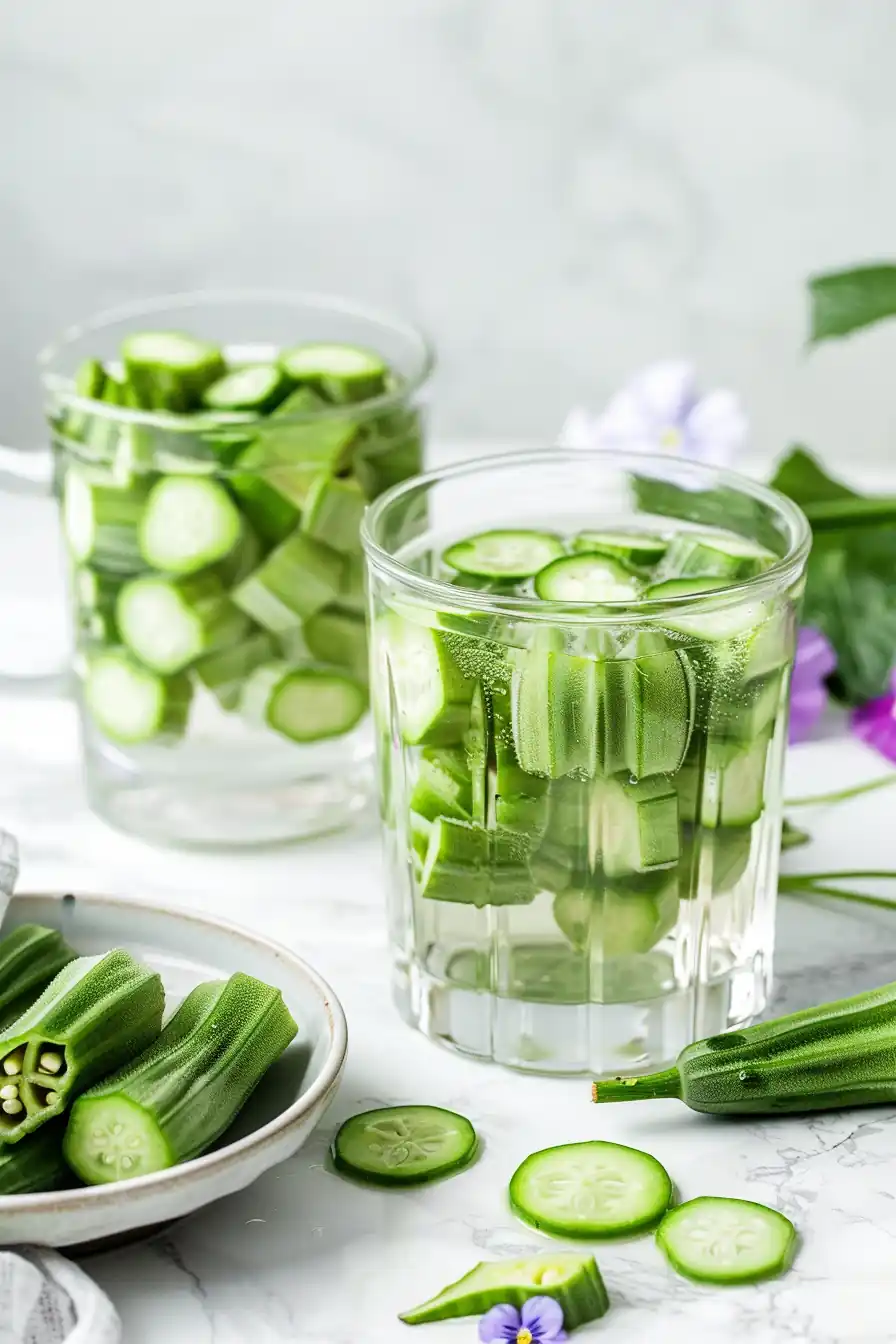 Okra water recipe for weight loss served in a glass with fresh okra slices.