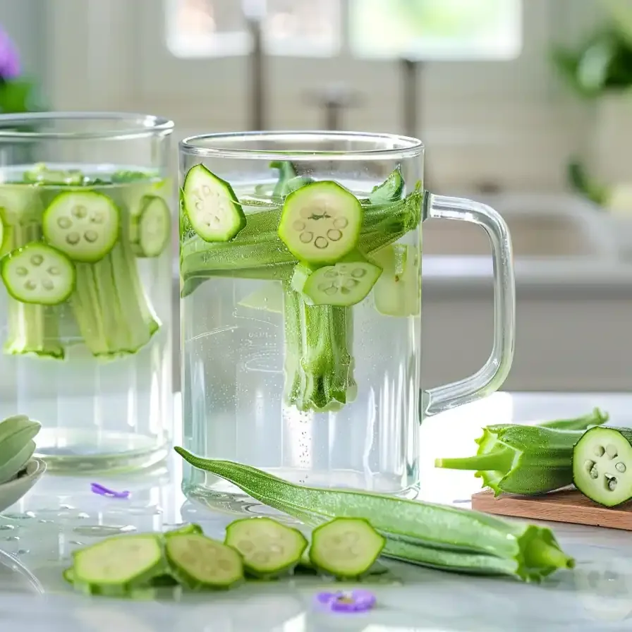Glass of okra water recipe with fresh sliced okra floating on top