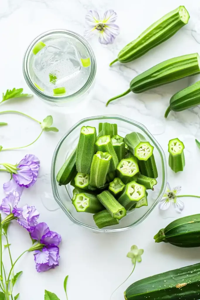 Okra Water Recipe 6 Bowl of chopped okra for okra water recipe with whole pods arranged on a white counter.
