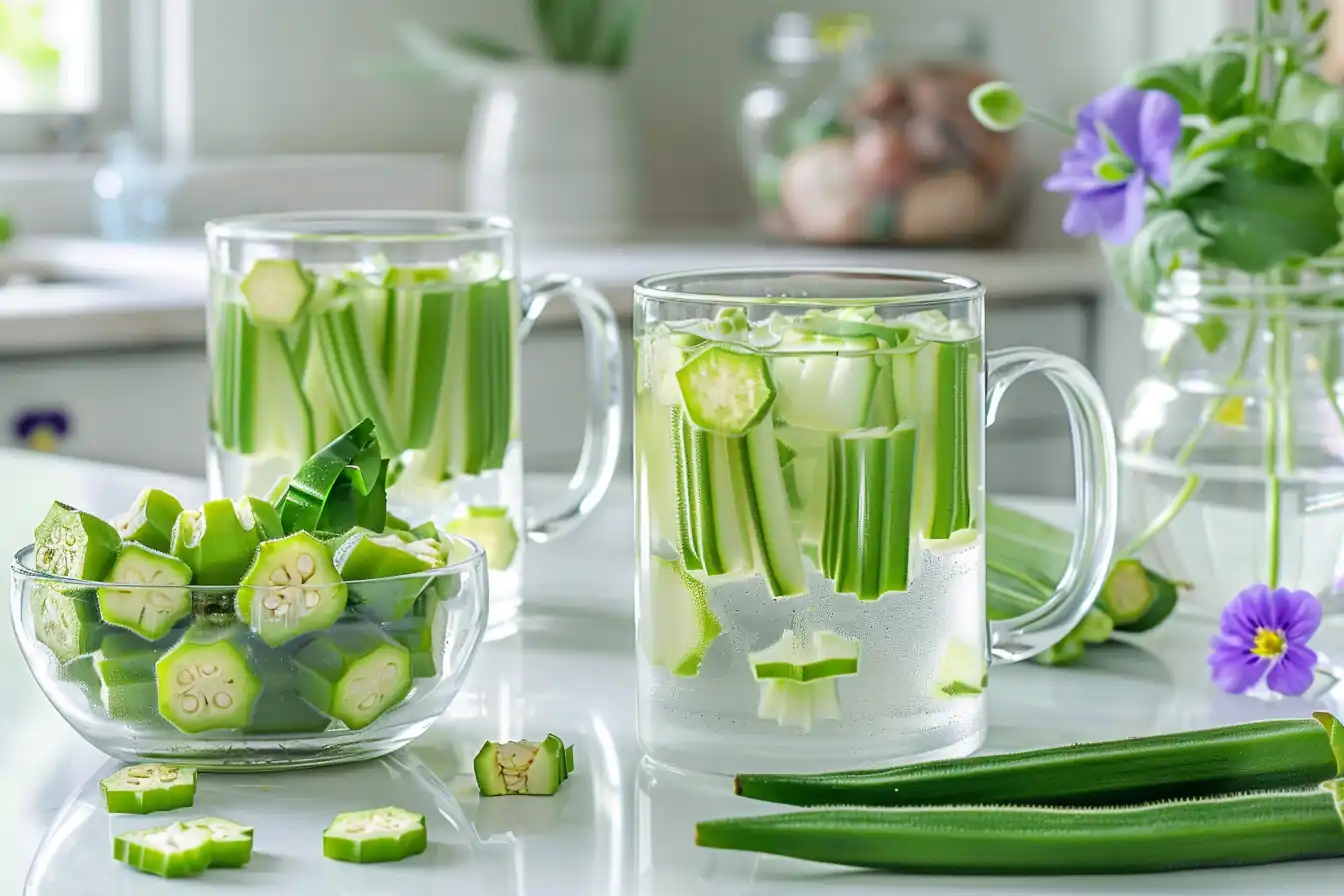 Two mugs of okra water recipe with chopped pods and a bowl of okra on the side.